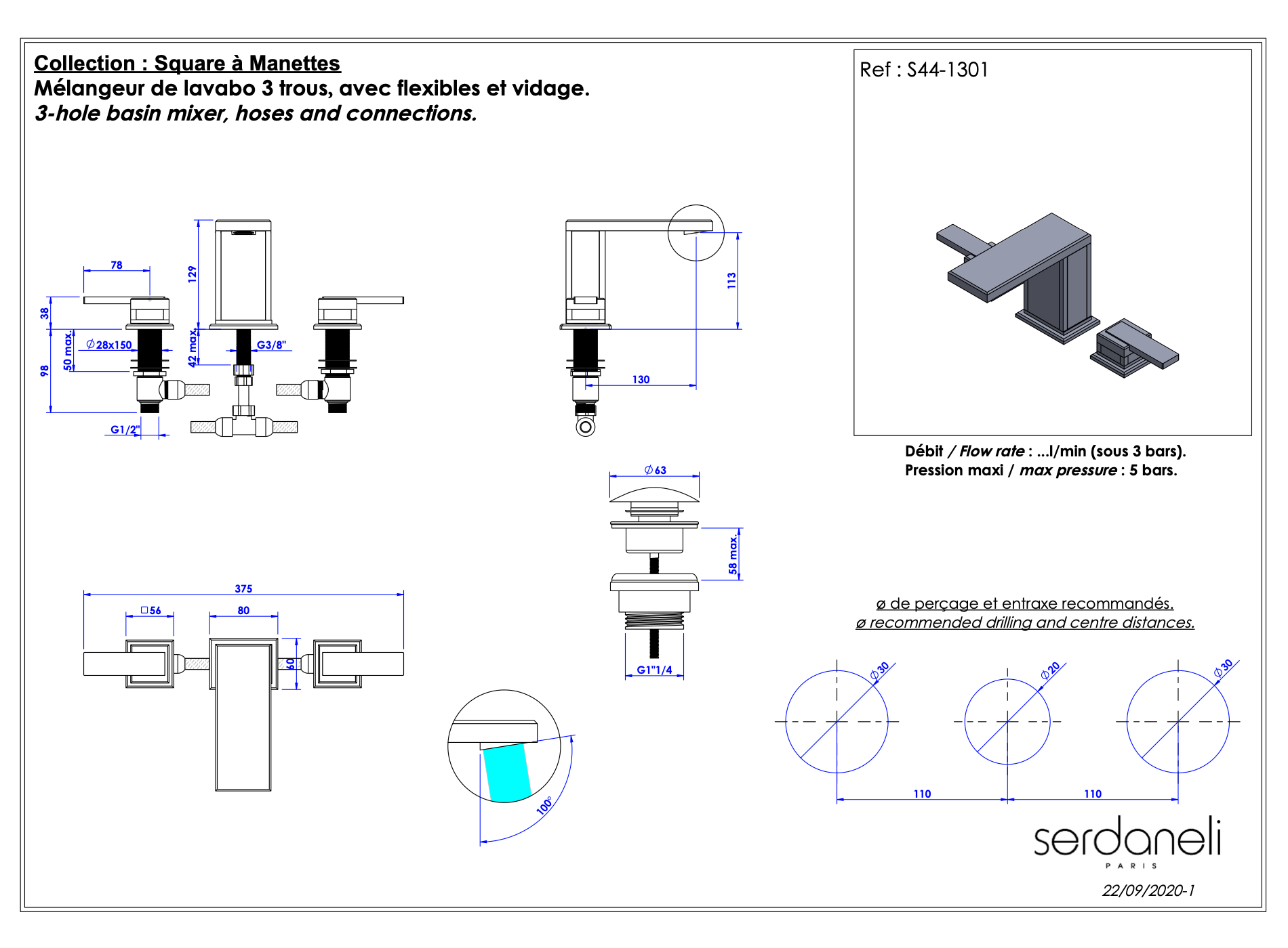  Vòi chậu rửa mặt bằng đồng Square Metal Lever - 1301 