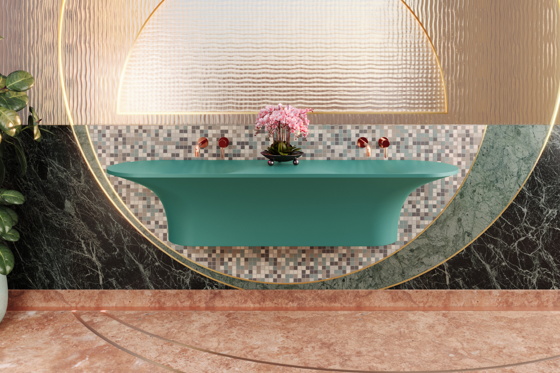 Chậu lavabo đôi treo tường mineral glass composite Ahri Double Aquamarine