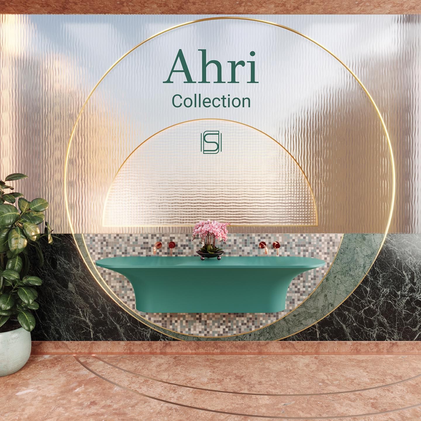 Chậu lavabo đôi treo tường mineral glass composite Ahri Double Aquamarine
