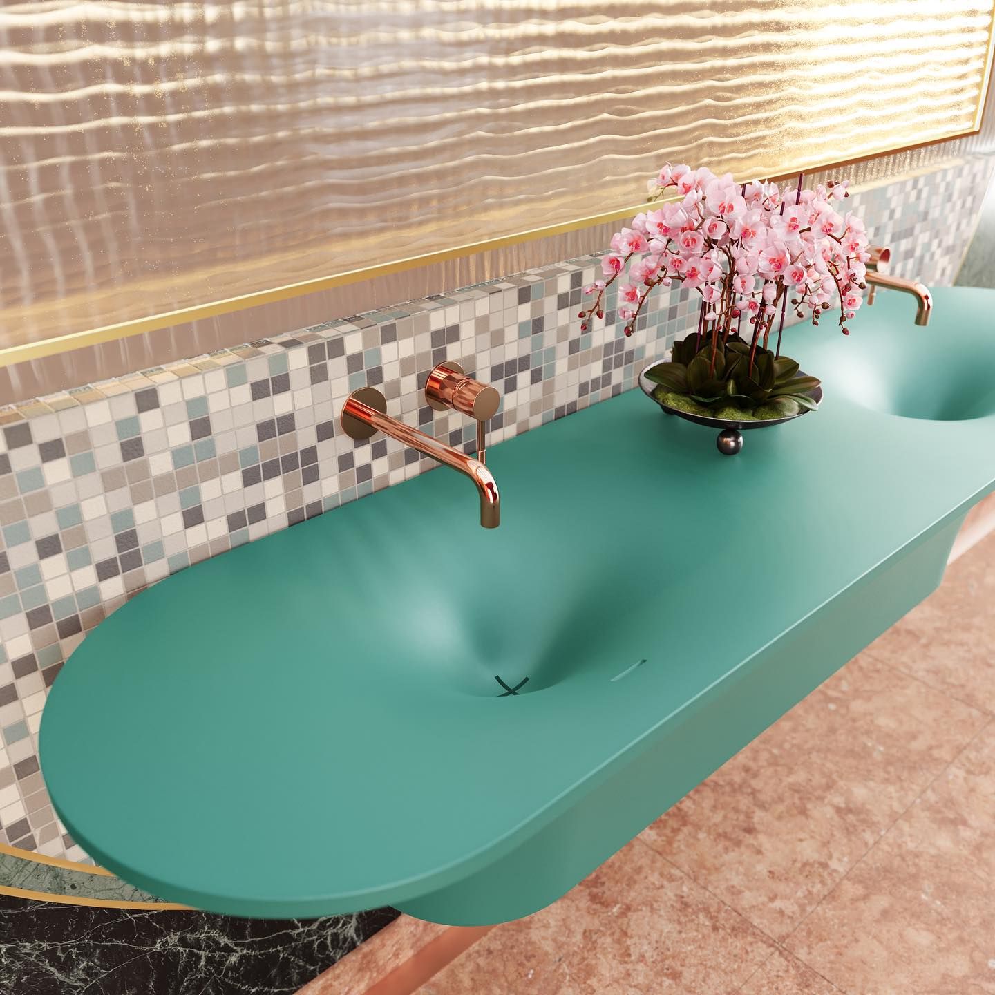 Chậu lavabo đôi treo tường mineral glass composite Ahri Double Aquamarine