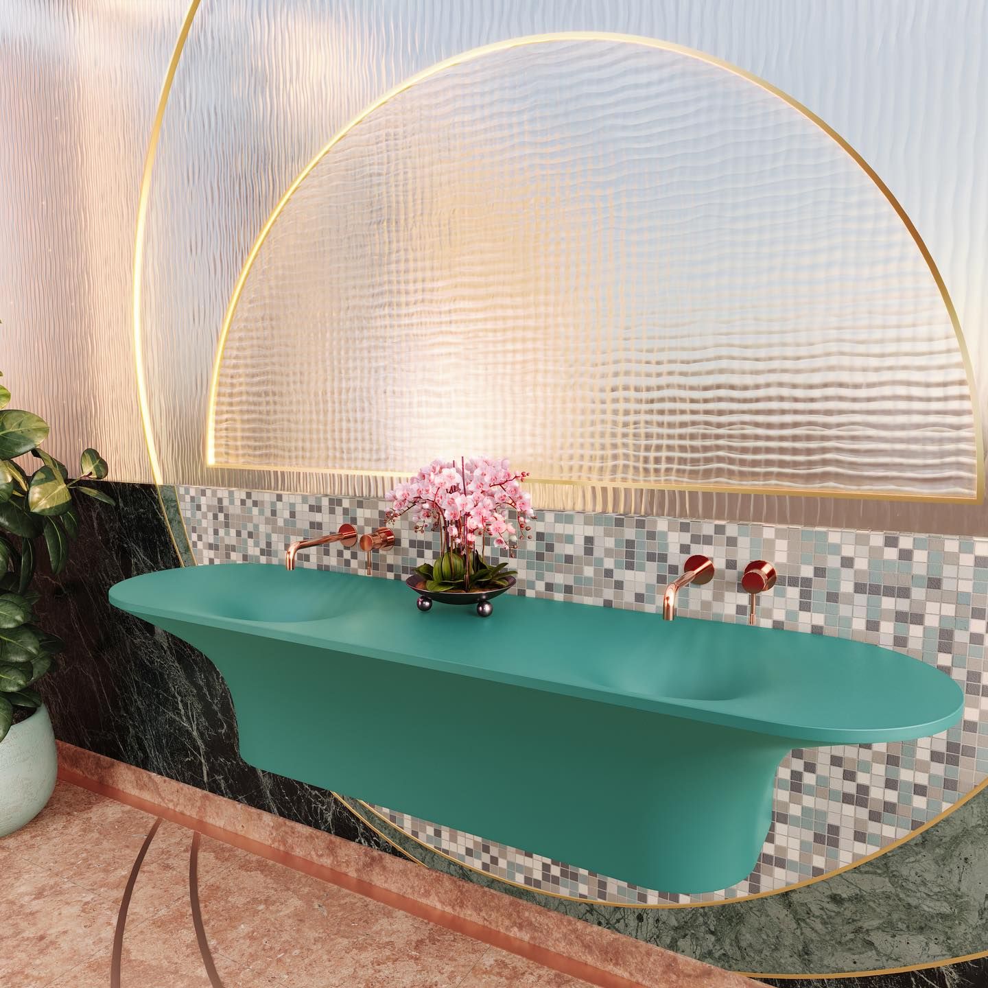 Chậu lavabo đôi treo tường mineral glass composite Ahri Double Aquamarine