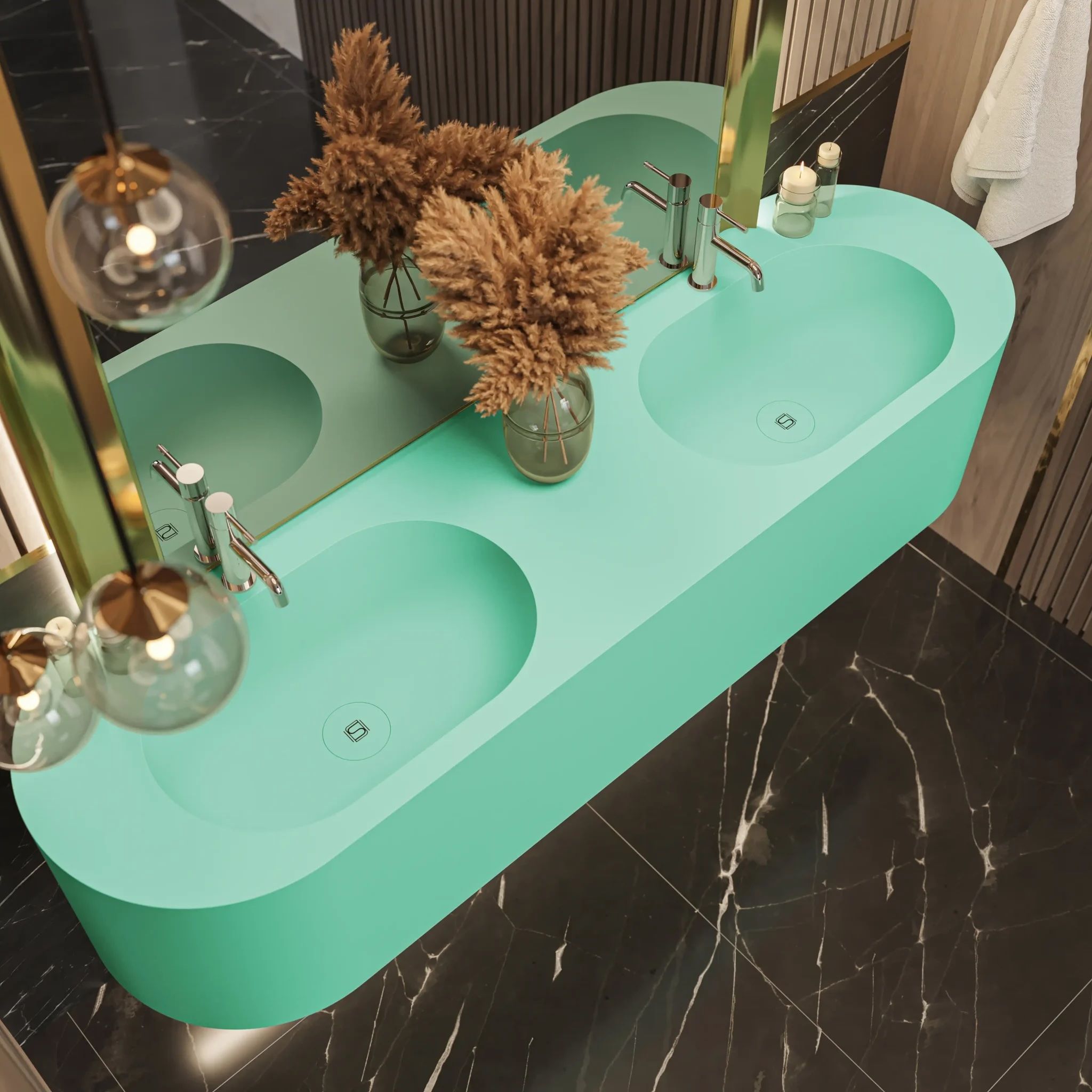 Chậu lavabo đôi treo tường mineral glass composite Christoph Double Aquamarine