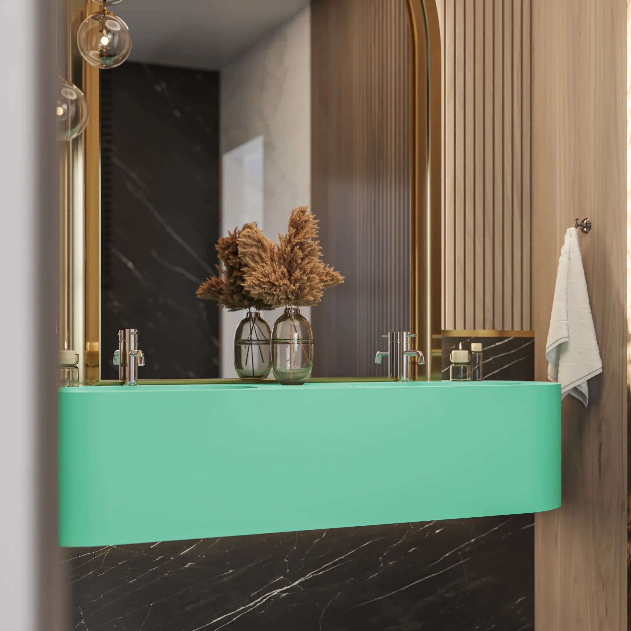 Chậu lavabo đôi treo tường mineral glass composite Christoph Double Aquamarine