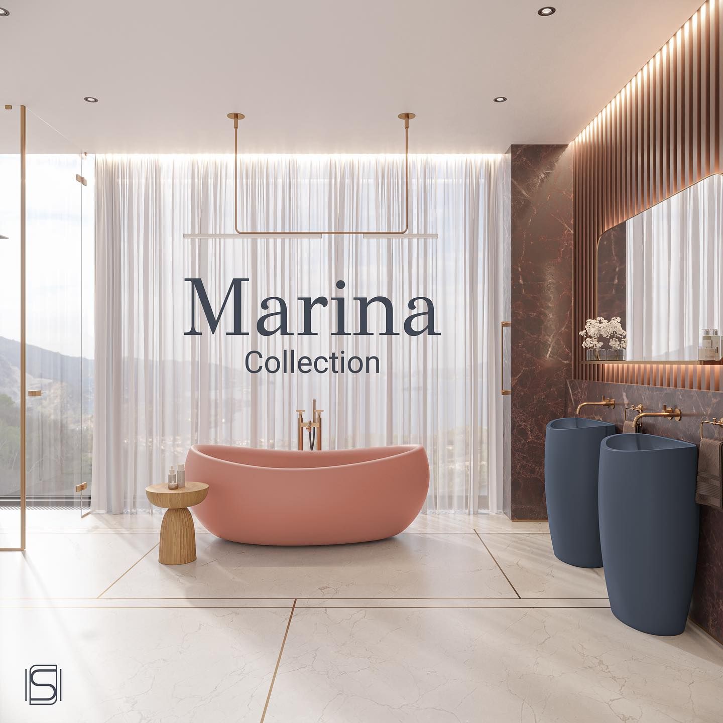 Chậu lavabo chân dài bằng mineral glass composite Marina Blue
