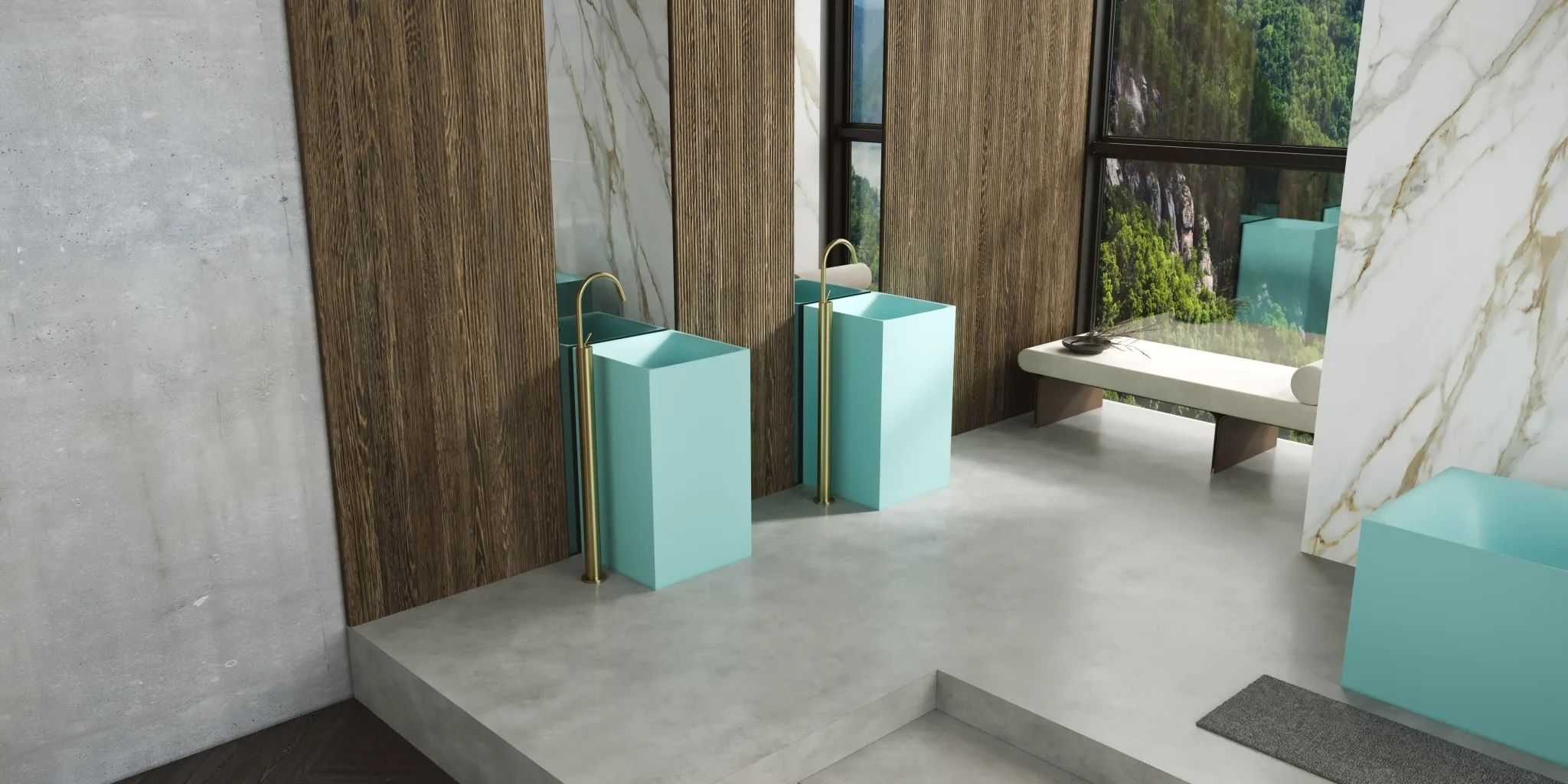 Chậu lavabo chân dài bằng mineral glass composite Noble Aquamarine