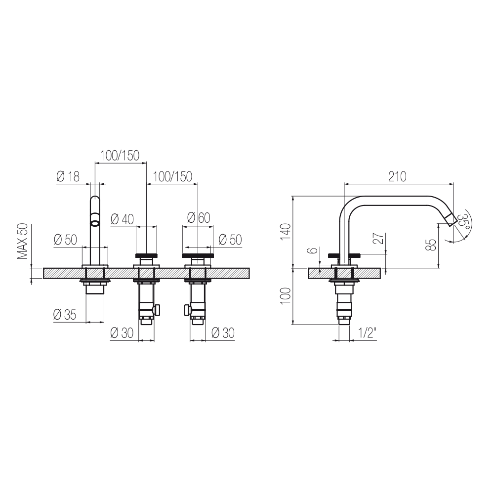  Vòi chậu lavabo 3 lỗ cao 140mm bằng đồng Tibò - TIB12 