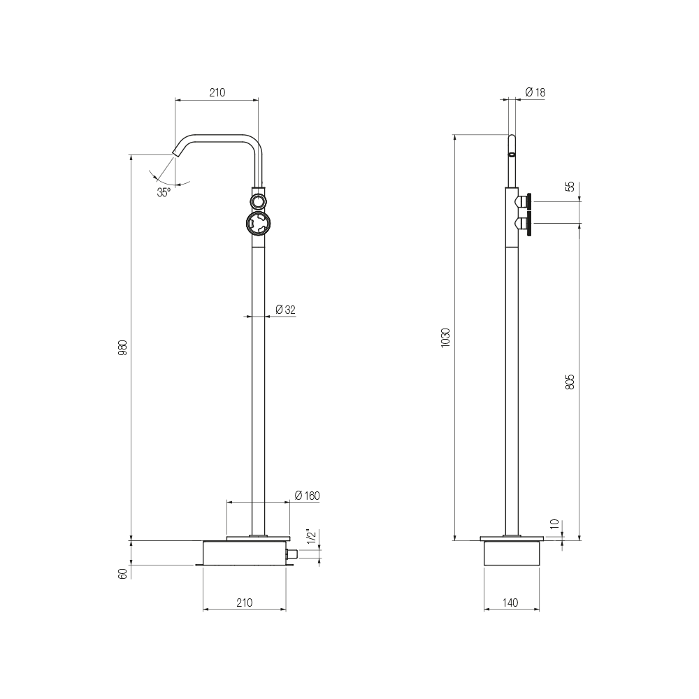  Vòi chậu lavabo chân dài gắn sàn cao 1030mm bằng đồng Tibò - TIB19 