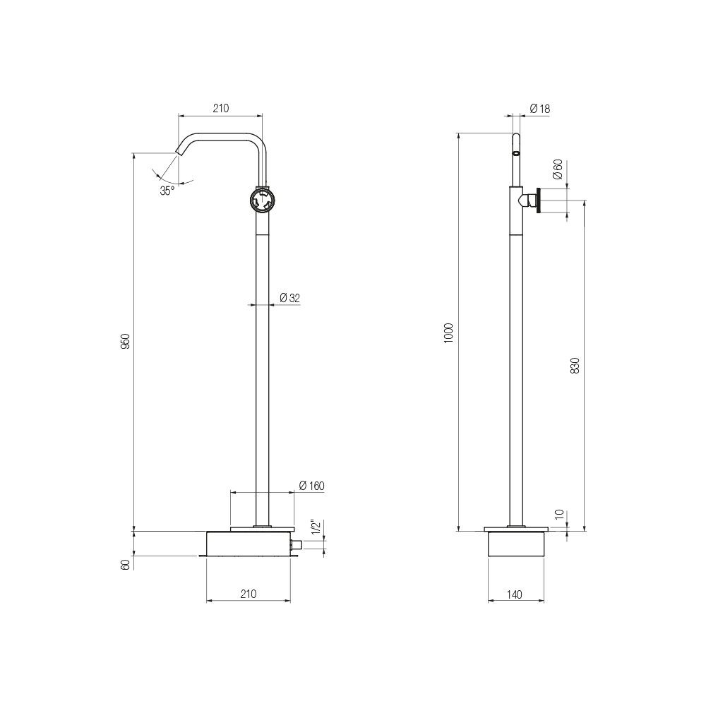 Vòi chậu lavabo chân dài gắn sàn cao 1000mm bằng đồng Tibò - TIB19M