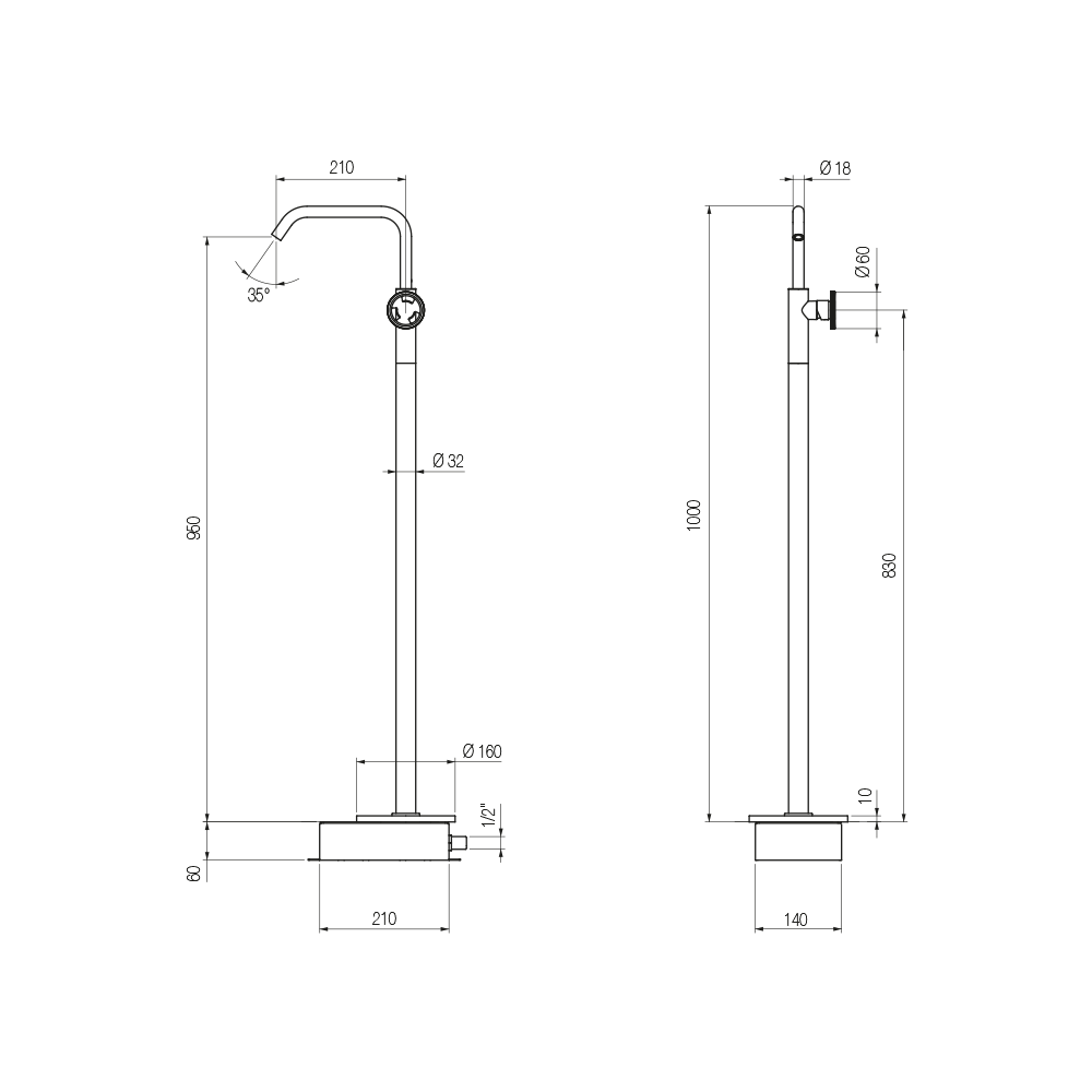  Vòi chậu lavabo chân dài gắn sàn cao 1000mm bằng đồng Tibò - TIB19M 