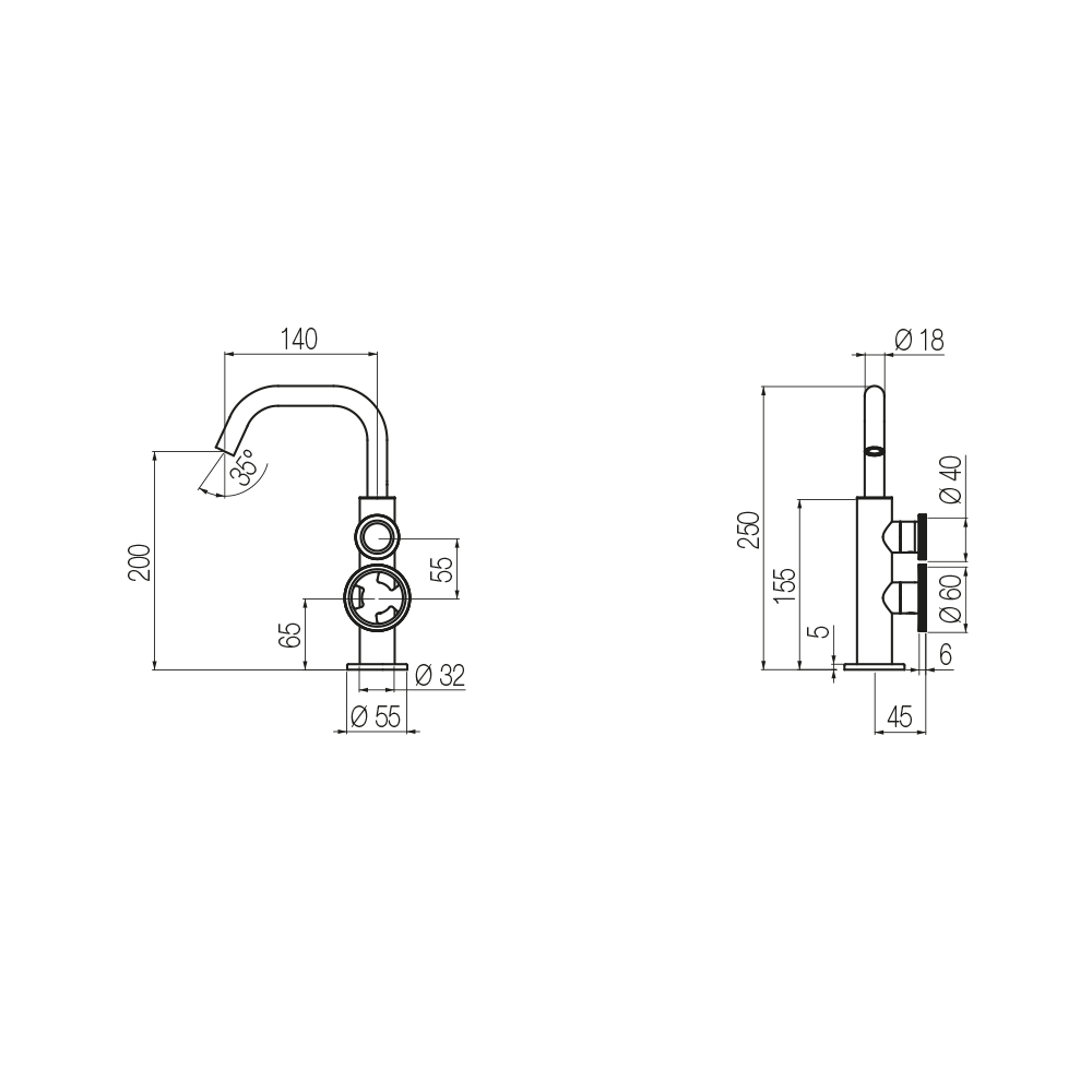 Vòi chậu lavabo cao 250mm bằng đồng Tibò - TIB1C
