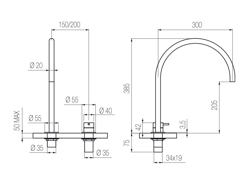 Vòi chậu lavabo xoay 2 lỗ cao 380mm bằng stainless steel Toki - TKI33