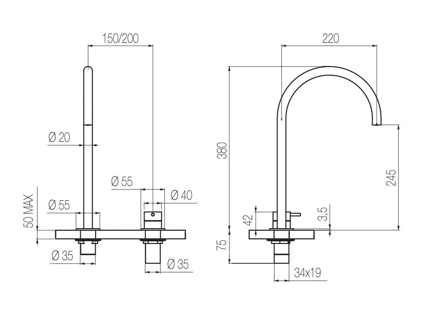Vòi chậu lavabo xoay 2 lỗ cao 380mm bằng stainless steel Toki - TKI34
