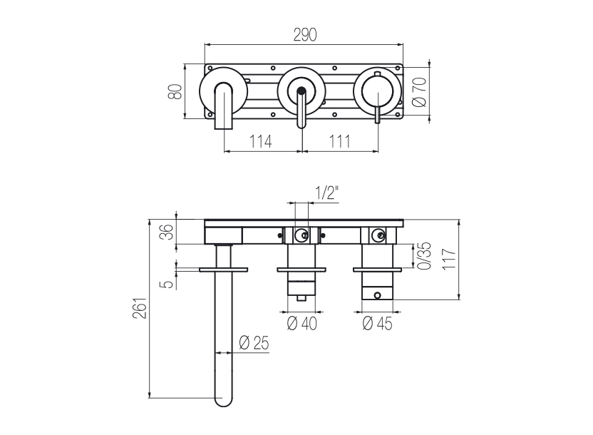  Vòi bồn tắm 3 lỗ gắn tường 2 đầu ra điều chỉnh nhiệt độ bằng stainless steel Kira - TKK84 