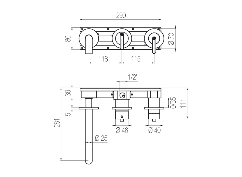  Vòi bồn tắm 3 lỗ gắn tường 3 đầu ra bằng stainless steel Kira - TKK88 