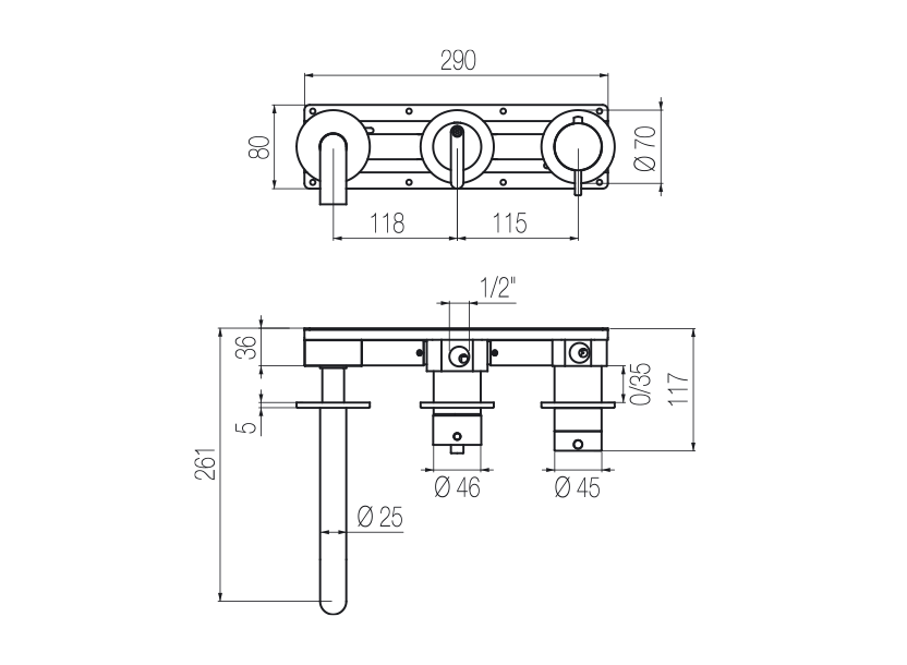 Vòi bồn tắm 3 lỗ gắn tường điều chỉnh nhiệt độ 3 đầu ra bằng stainless steel Kira - TKK90