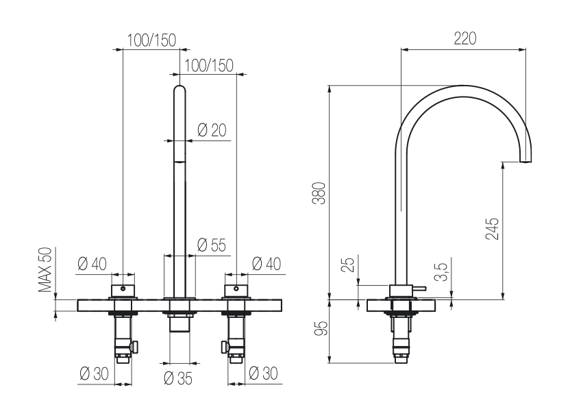 Vòi chậu lavabo xoay 3 lỗ cao 380mm bằng stainless steel Toki - TKN24