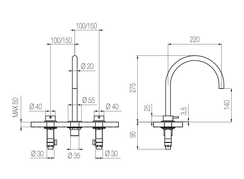 Vòi chậu lavabo xoay 3 lỗ cao 270mm bằng stainless steel Toki - TKN25