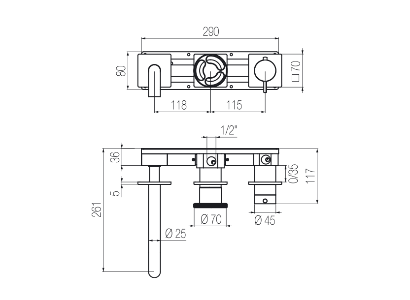  Vòi bồn tắm 3 lỗ gắn tường 3 đầu ra điều chỉnh nhiệt độ dài 190mm bằng stainless steel Kàto - TKN90 