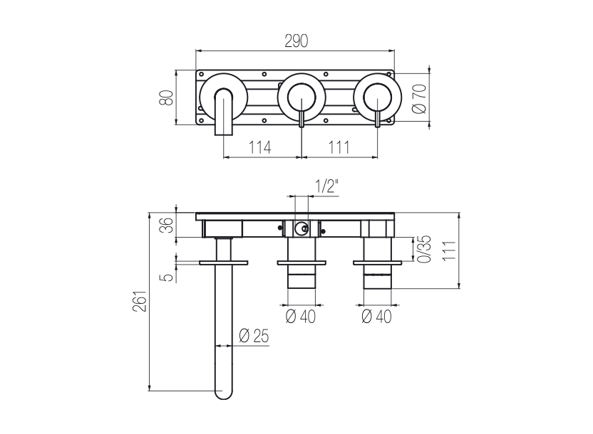  Vòi bồn tắm gắn tường 3 lỗ 2 đầu ra dài 190mm bằng stainless steel Toki - TKV82 