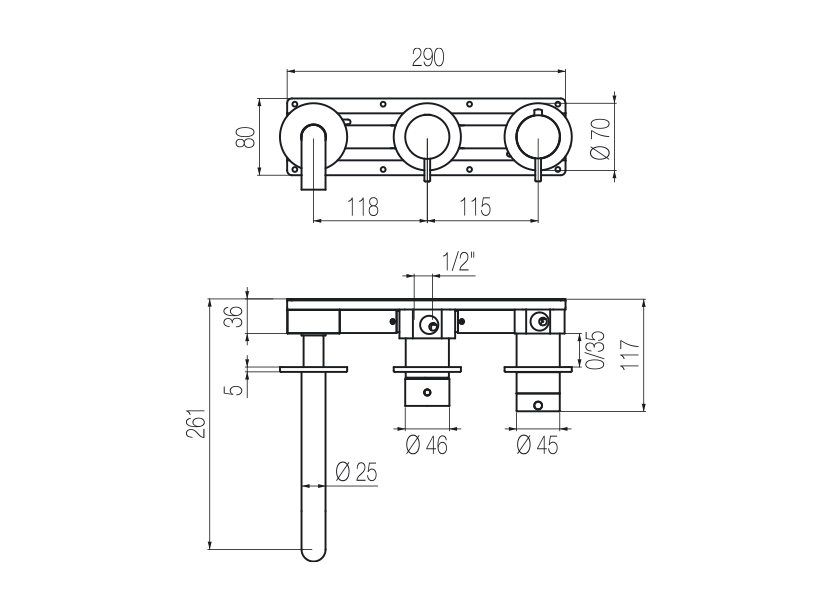  Vòi bồn tắm gắn tường điều chỉnh nhiệt độ 3 lỗ 3 đầu ra dài 190mm bằng stainless steel Toki - TKV90 