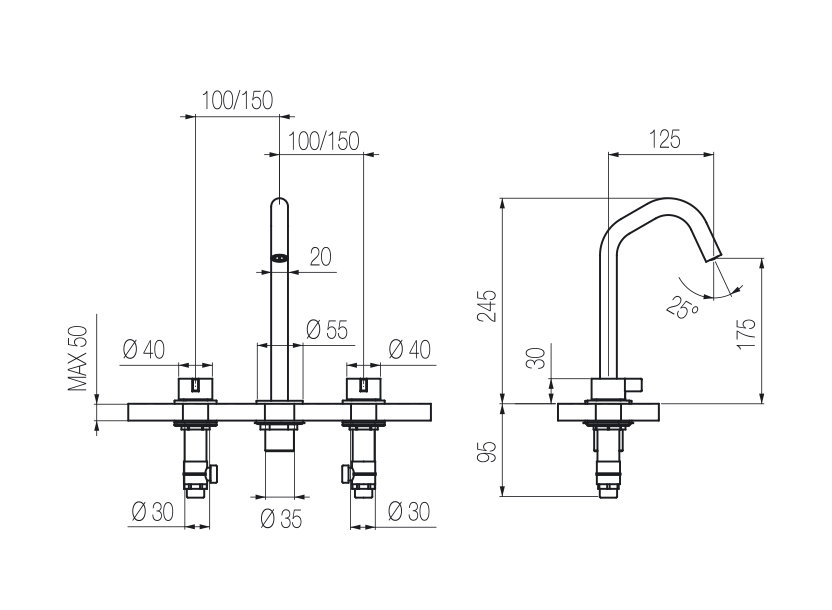  Vòi chậu lavabo xoay 3 lỗ cao 240mm bằng stainless steel Toox - TQN25 