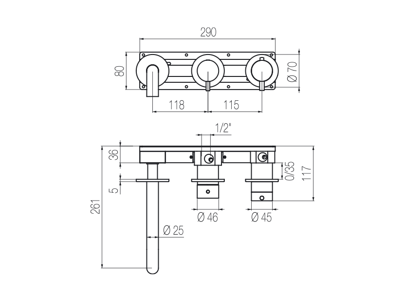  Vòi bồn tắm gắn tường điều chỉnh nhiệt độ 3 lỗ 3 đầu ra dài 190mm bằng stainless steel Toox - TQV90 