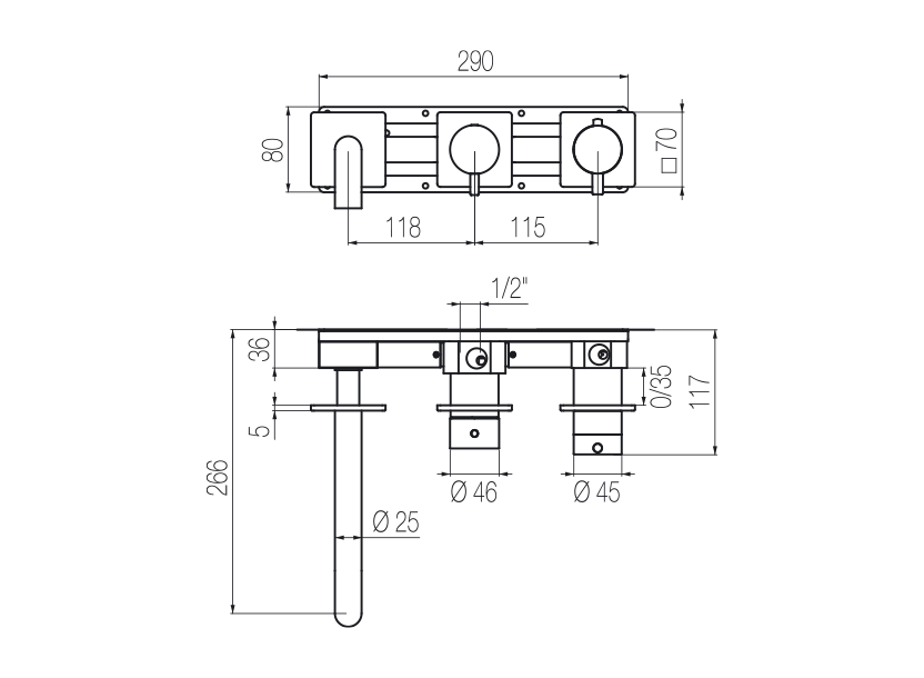  Vòi bồn tắm điều chỉnh nhiệt độ gắn tường 3 lỗ 3 đầu ra dài 190mm bằng stainless steel Aico - TRN90 