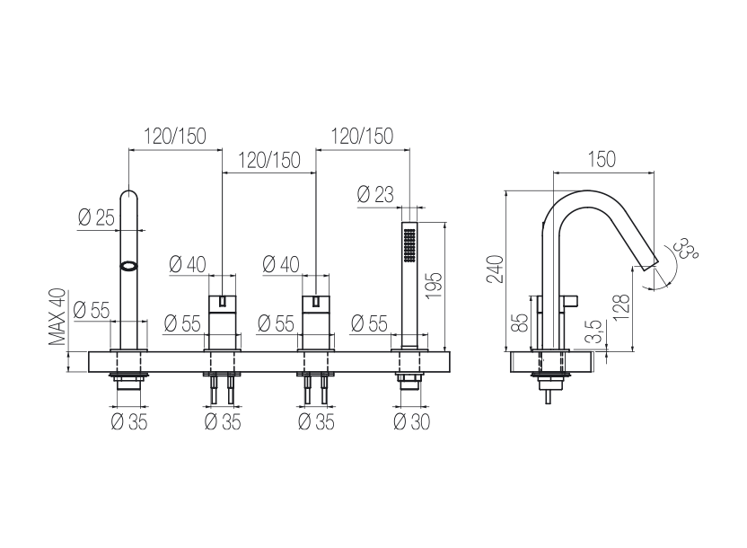 Vòi bồn tắm 4 lỗ gắn thành có vòi sen cầm tay bằng stainless steel Toox - TXQ16