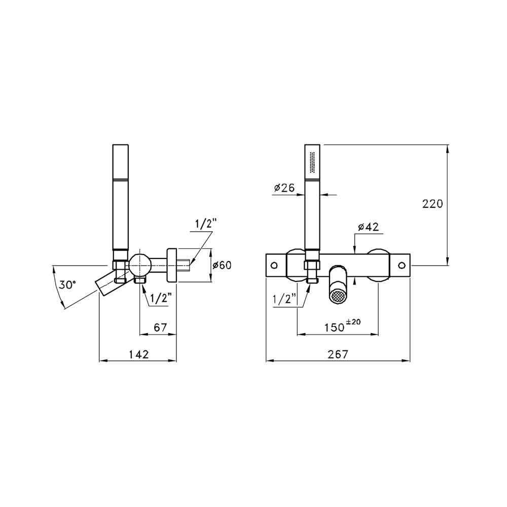 Vòi bồn tắm có sen cầm tay gắn tường điều chỉnh nhiệt độ bằng đồng Bamboo - 3267TM306