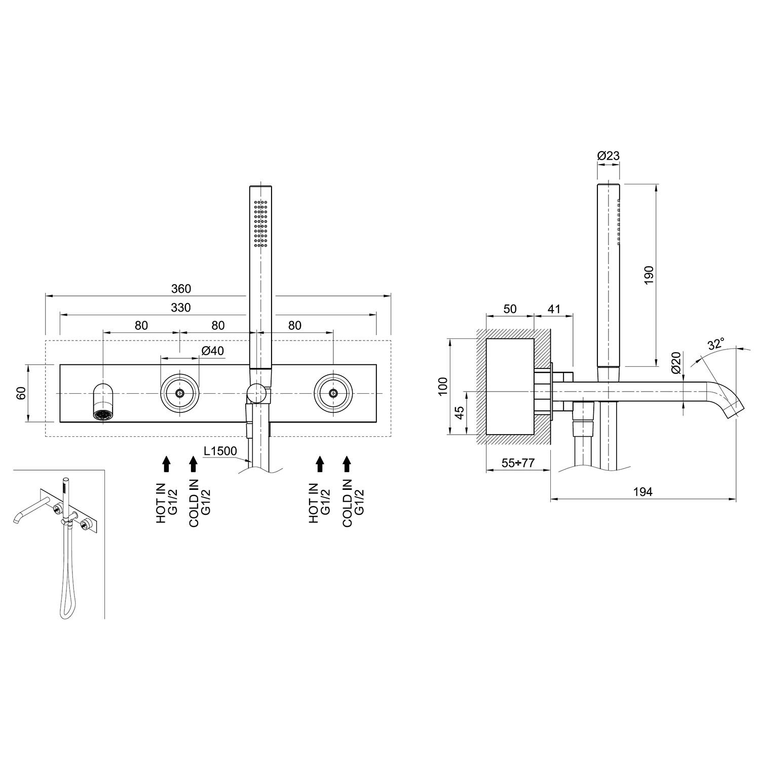  Vòi bồn tắm bốn lỗ gắn tường Volante stainless steel - VOX2543Z 