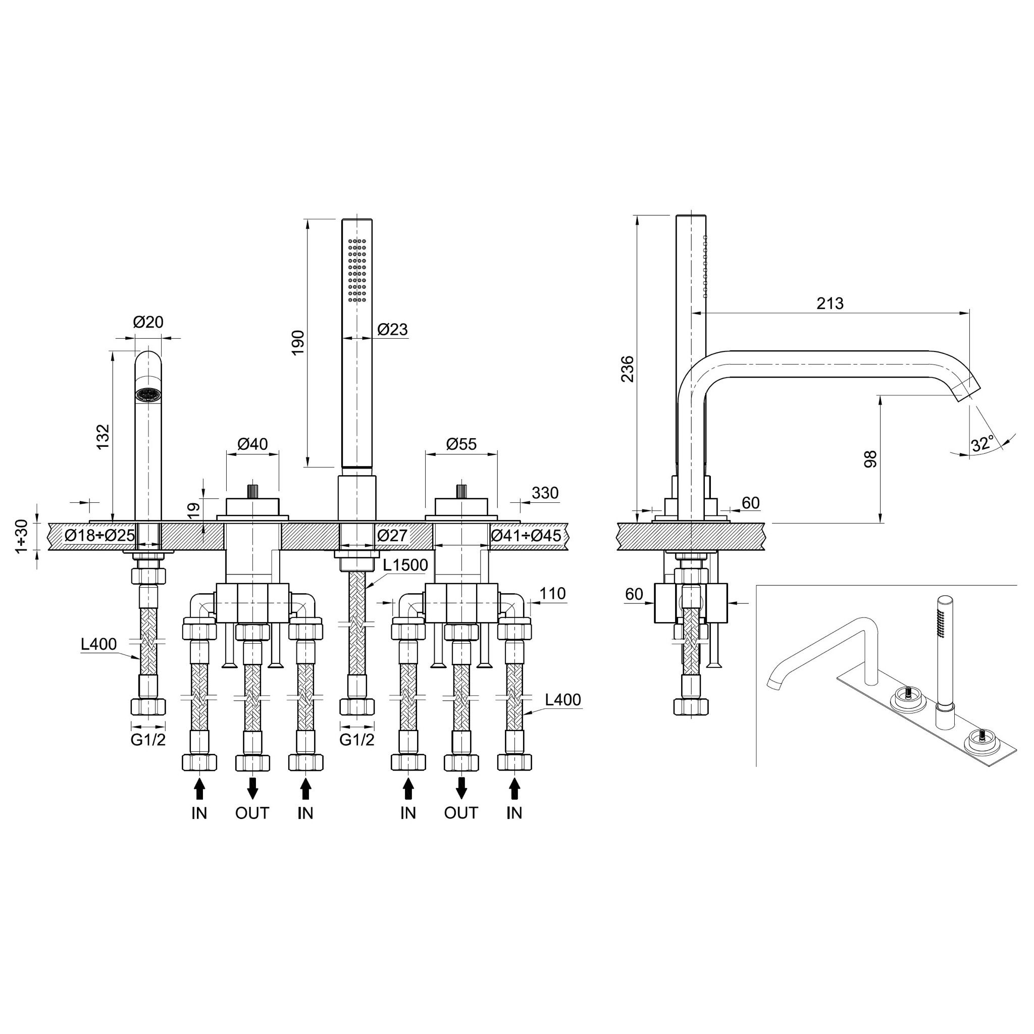  Vòi bồn tắm bốn lỗ Volante stainless steel - VOX5940BZ 