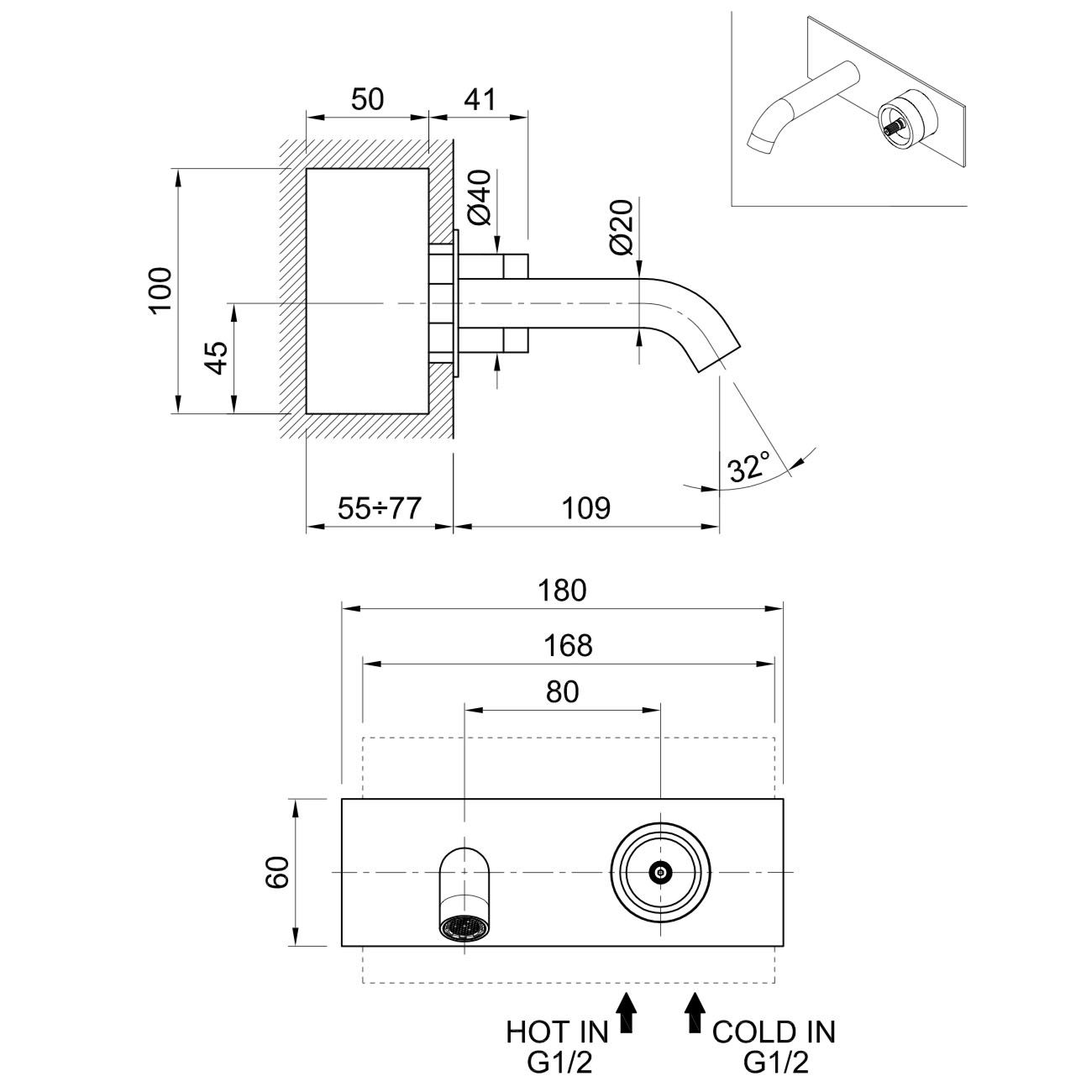  Vòi chậu rửa mặt gắn tường 115mm Volante stainless steel - VOX7938CSSZ 