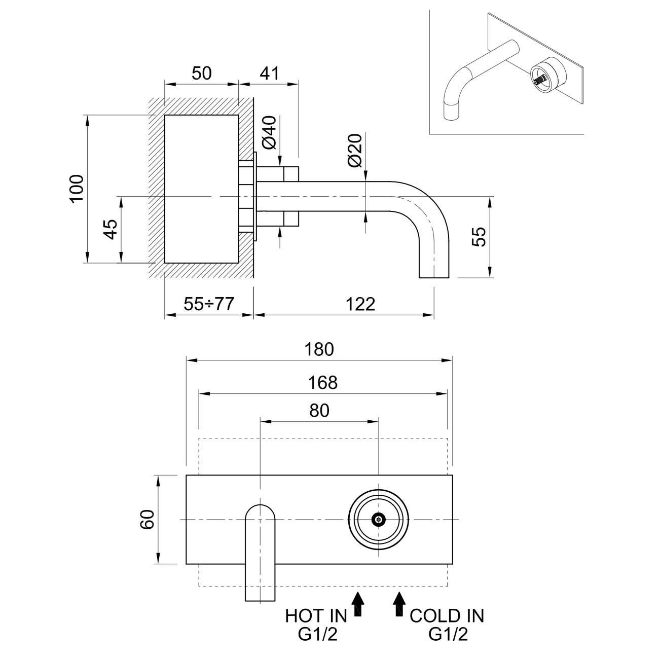  Vòi chậu rửa mặt gắn tường 130mm Volante stainless steel - VOX7938FCSSZ 