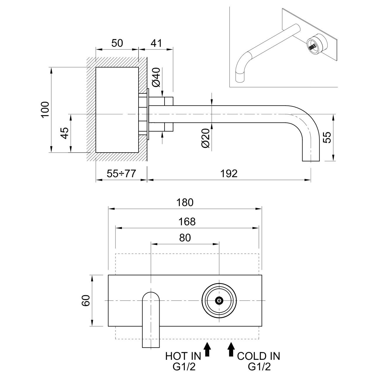  Vòi chậu rửa mặt gắn tường 200mm Volante stainless steel - VOX7938FSSZ 