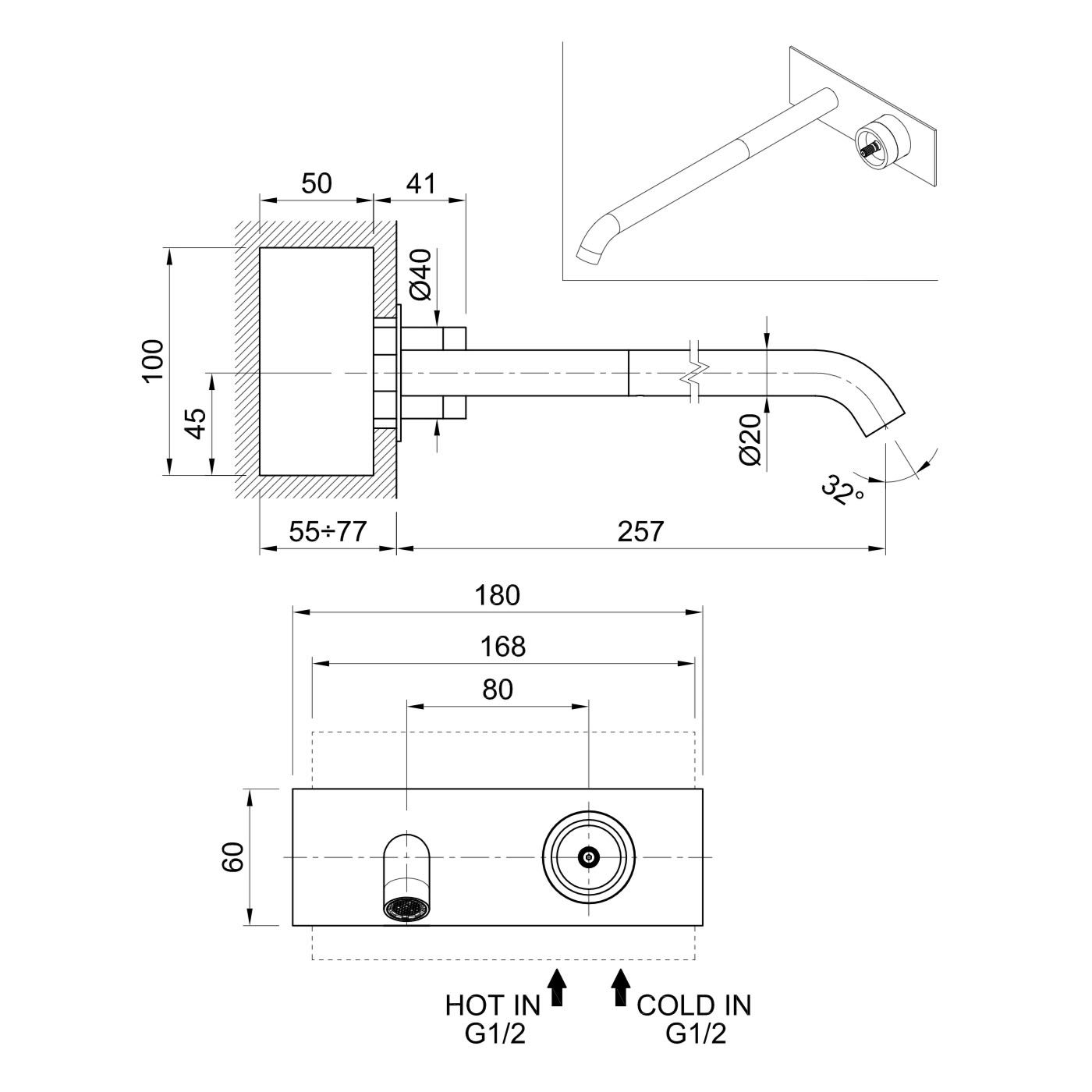  Vòi chậu rửa mặt gắn tường 265mm Volante stainless steel - VOX7938LSSZ 