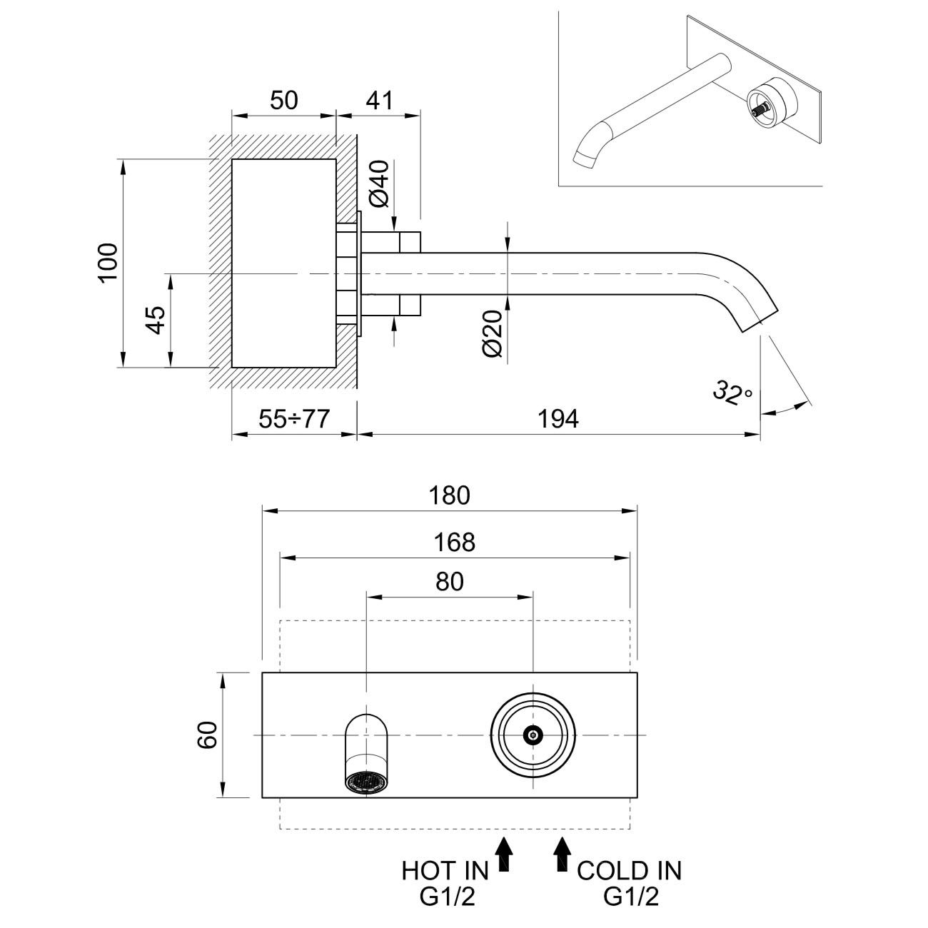  Vòi chậu rửa mặt gắn tường 200mm Volante stainless steel - VOX7938SSZ 