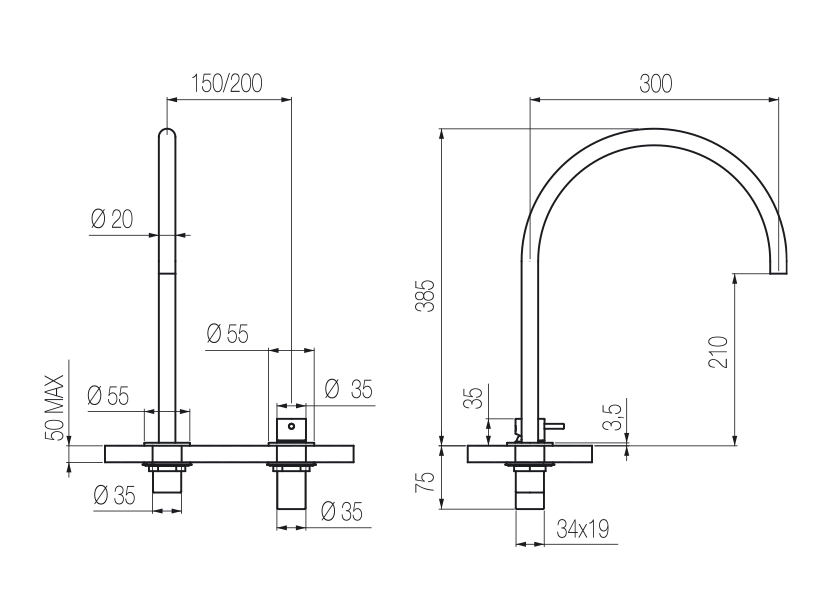 Vòi chậu lavabo xoay 2 lỗ cao 380mm bằng stainless steel Zero - ZER33