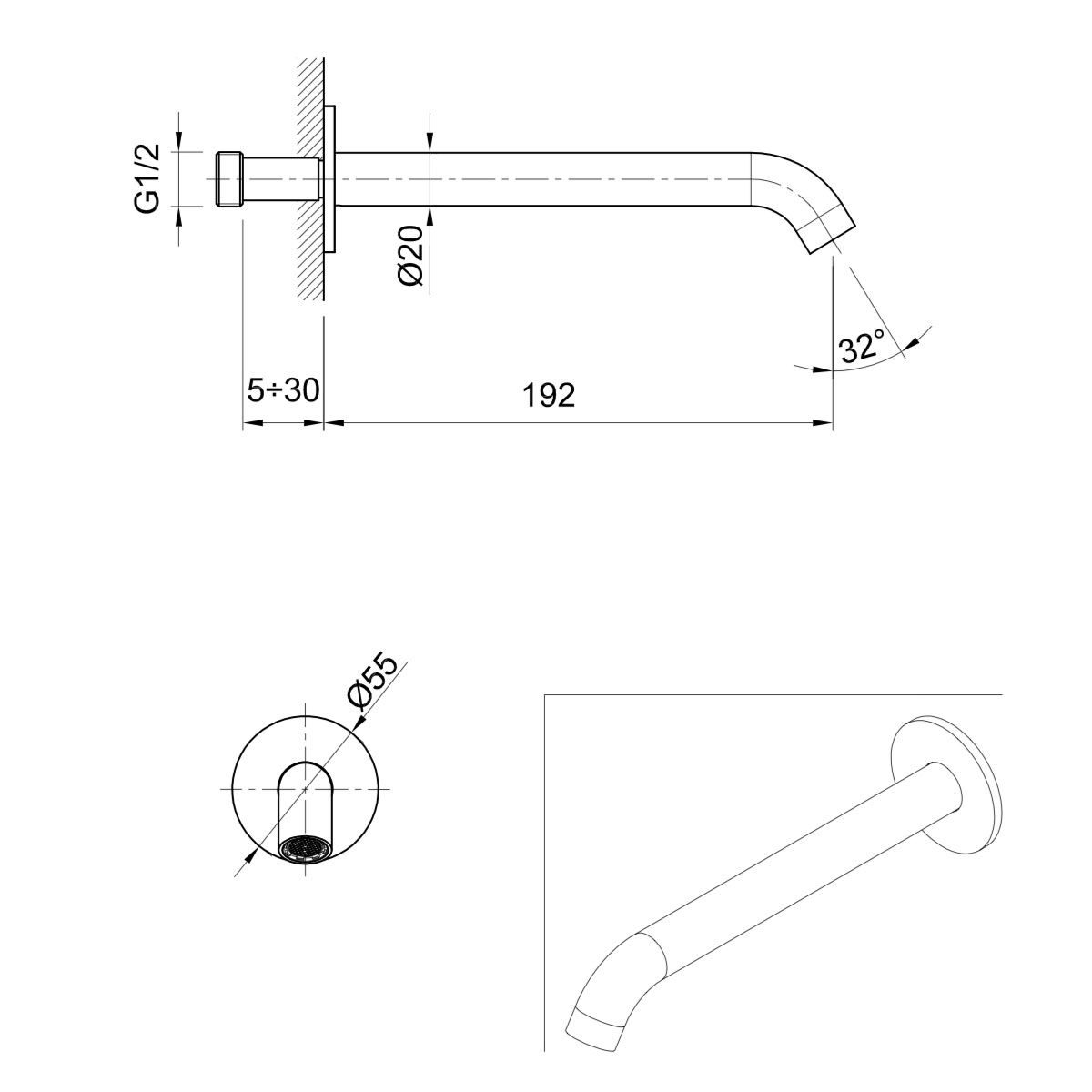  Vòi chậu rửa mặt gắn tường 200mm Volante stainless steel - ZEXCAN200-VOX1910NZ 