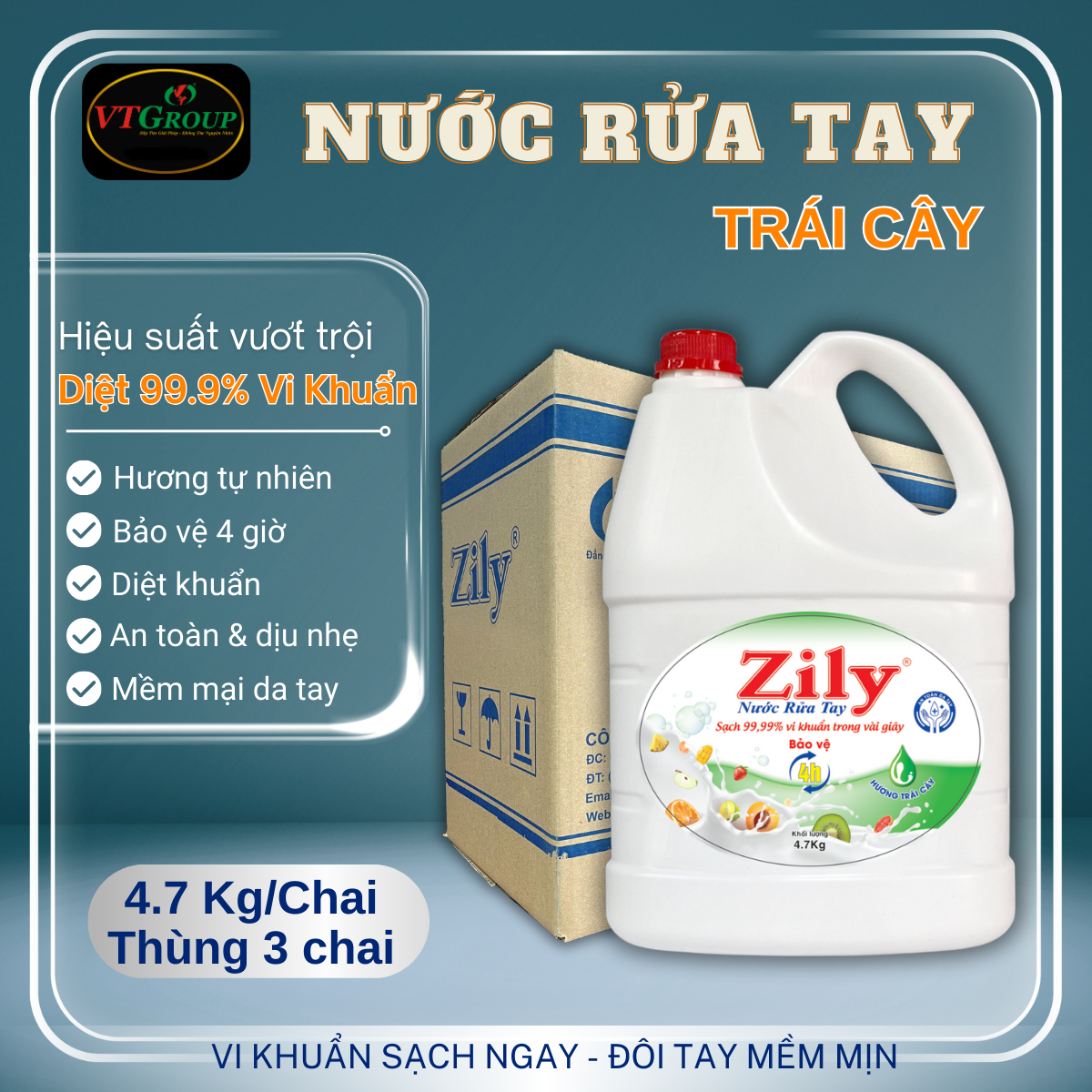 Nước Rửa Tay Zily 4.7Kg - 3 Chai/ Thùng