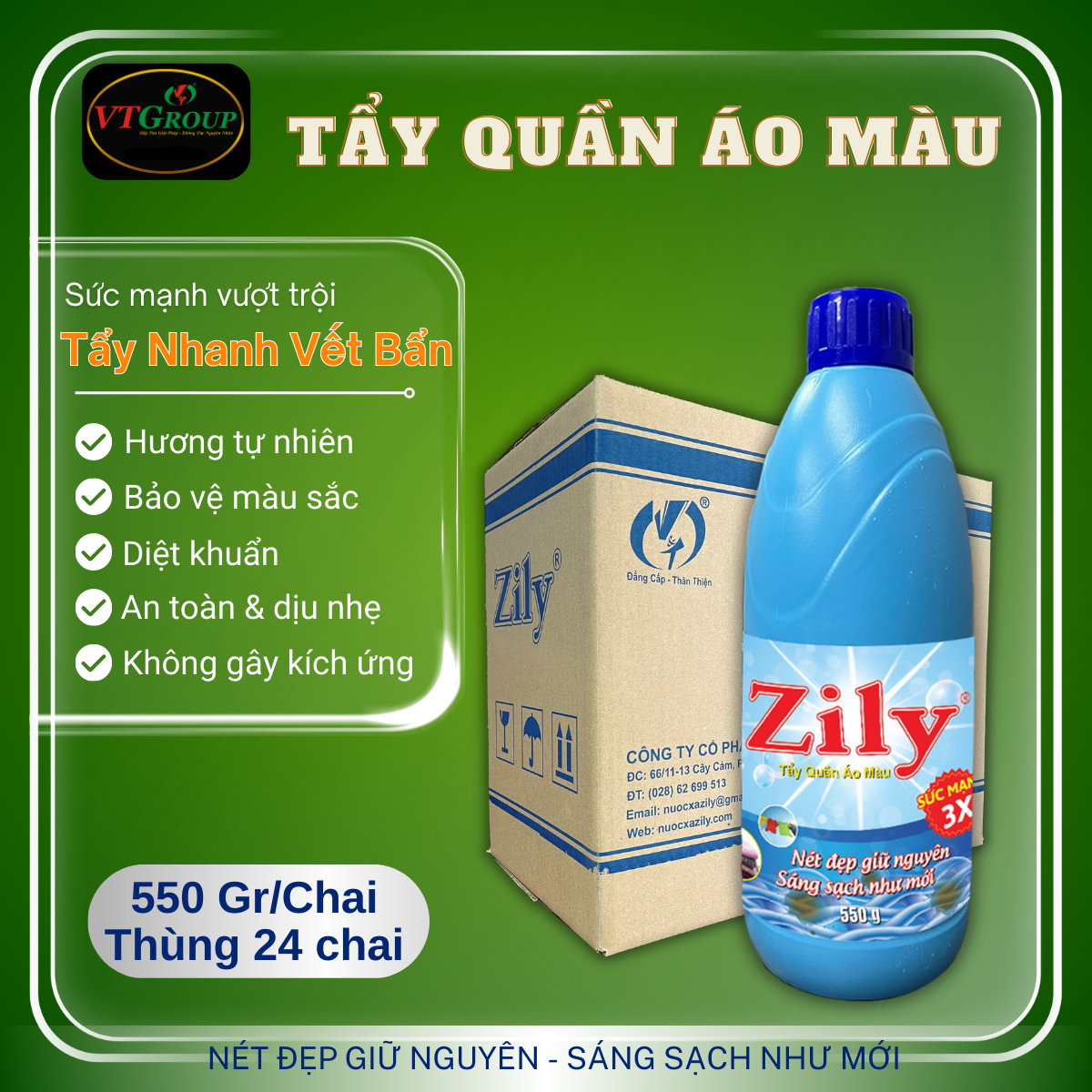 Nước Tẩy Quần Áo Màu Zily Chai 550g - 24 Chai / Thùng