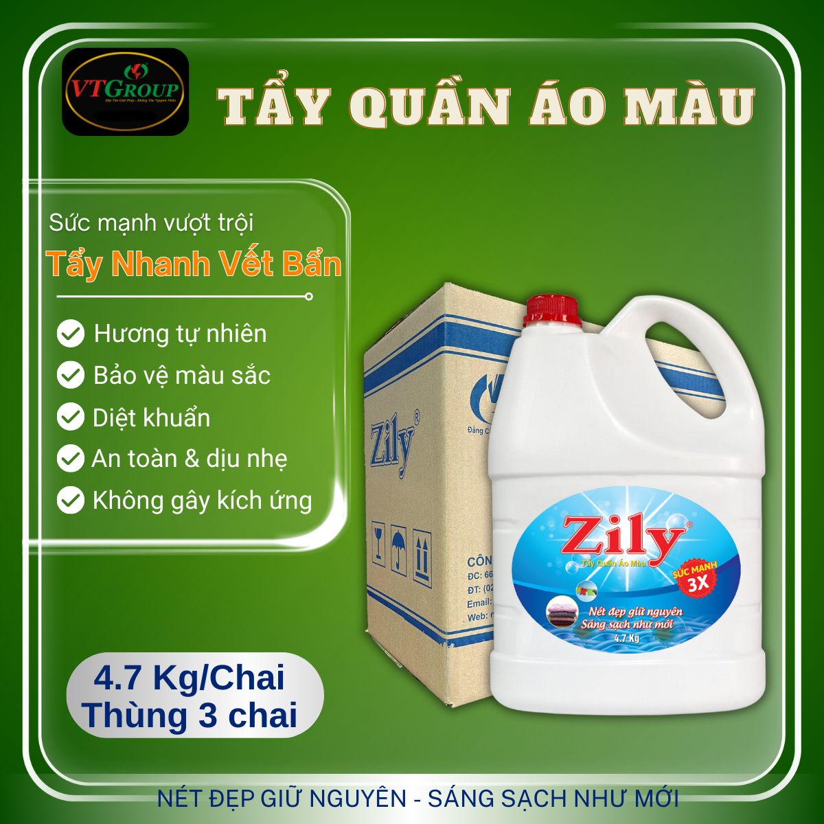 Nước Tẩy Quần Áo Màu Zily Chai 4.7Kg - 3 Chai / Thùng
