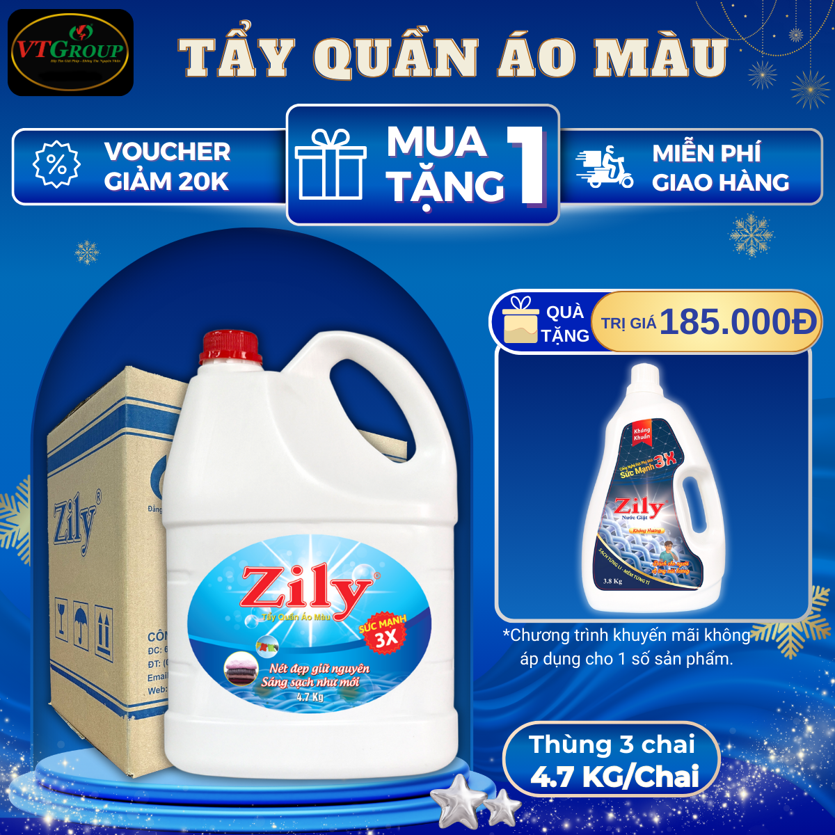 Nước Tẩy Quần Áo Màu Zily Chai 4.7Kg - 3 Chai / Thùng