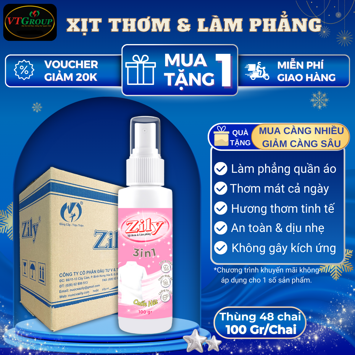 Xịt Thơm & Làm Phẳng Quần Áo Zily 100g - 48 Chai/Thùng