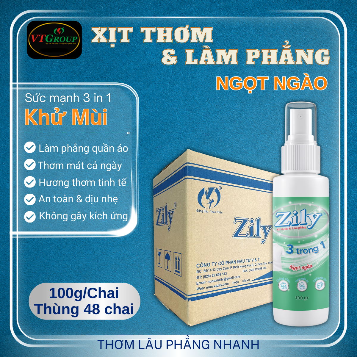 Xịt Thơm & Làm Phẳng Quần Áo Zily 100g - 48 Chai/Thùng