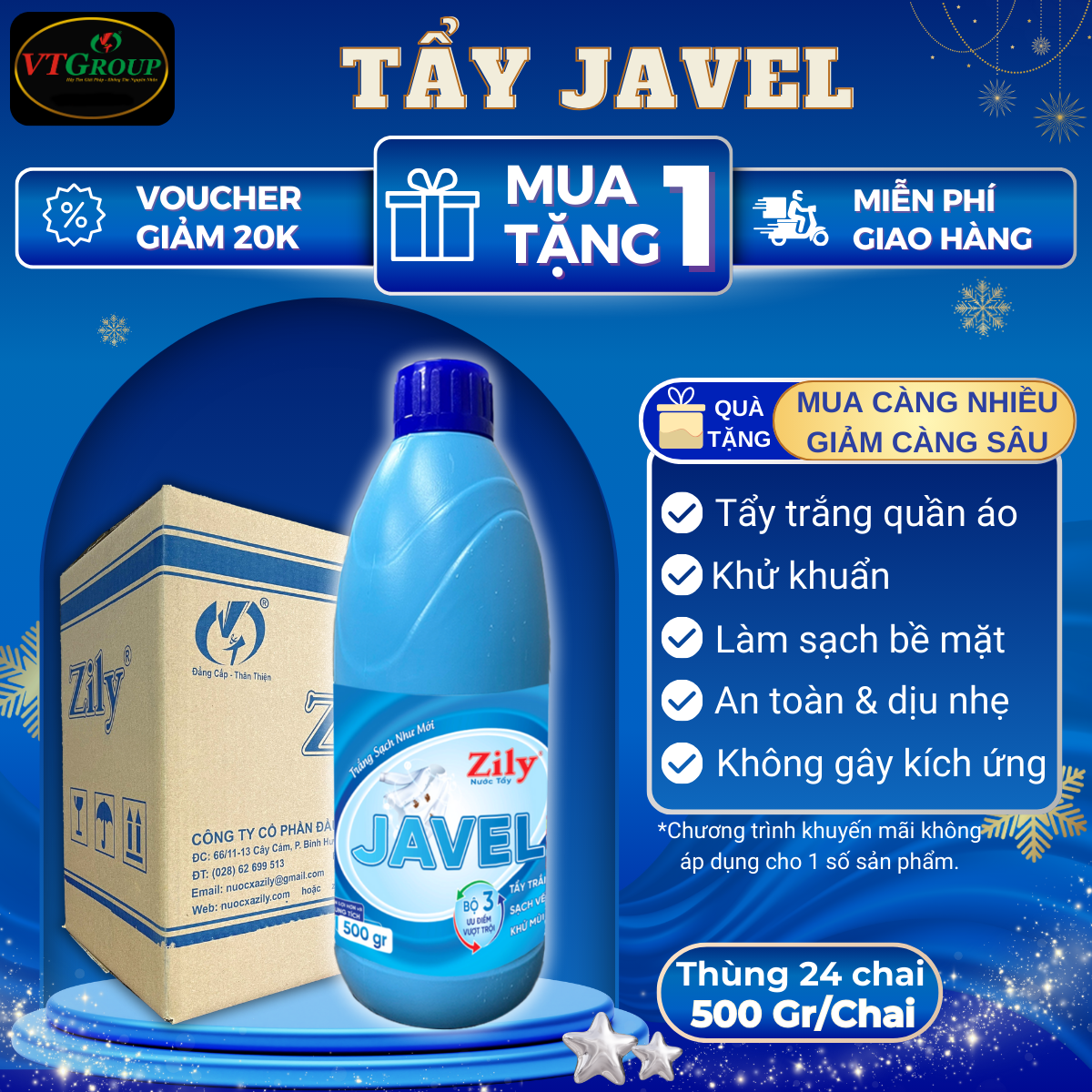 Nước Tẩy Trắng Javel Zily 500g - 24 Chai/Thùng