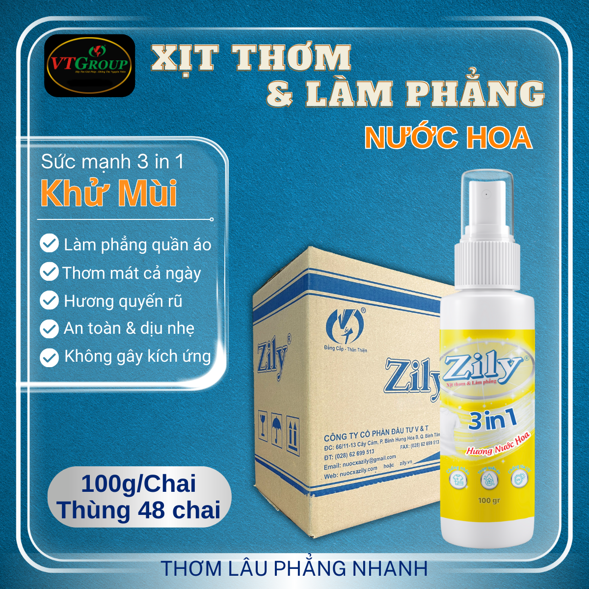 Xịt Thơm & Làm Phẳng Quần Áo Zily 100g - 48 Chai/Thùng