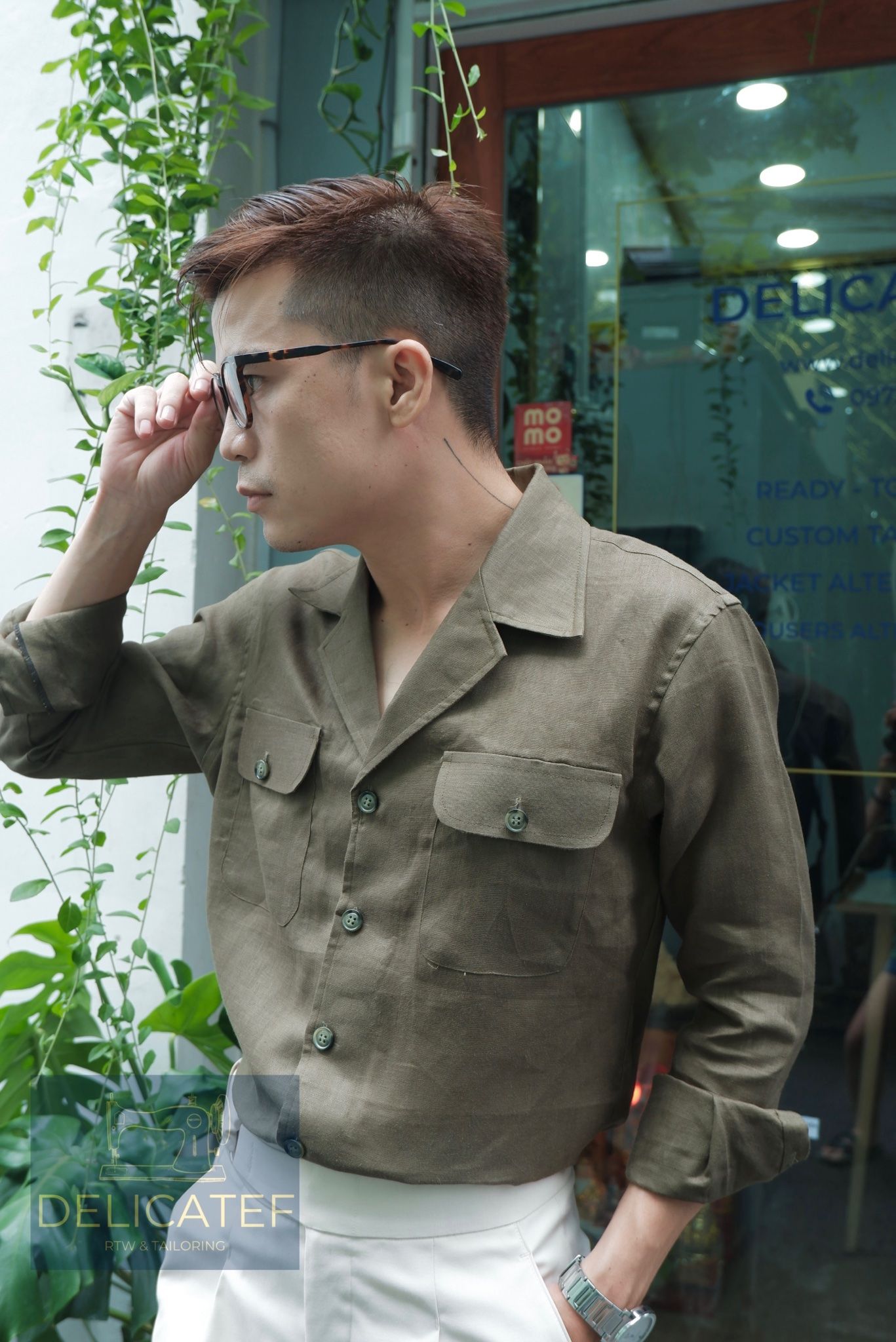 Sơ Mi Linen Xanh Ôliu- Cổ Cuban