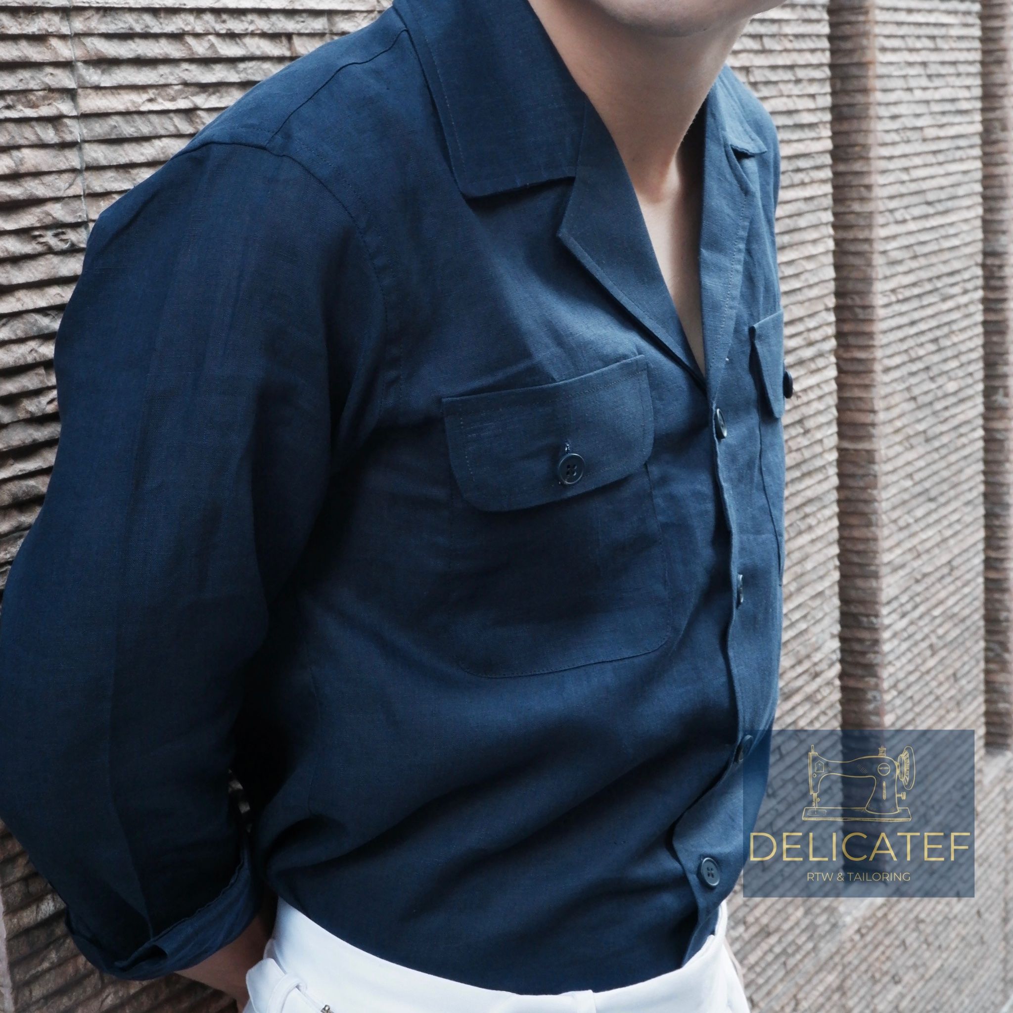 Sơ Mi Linen Xanh Navy - Cổ Cuban