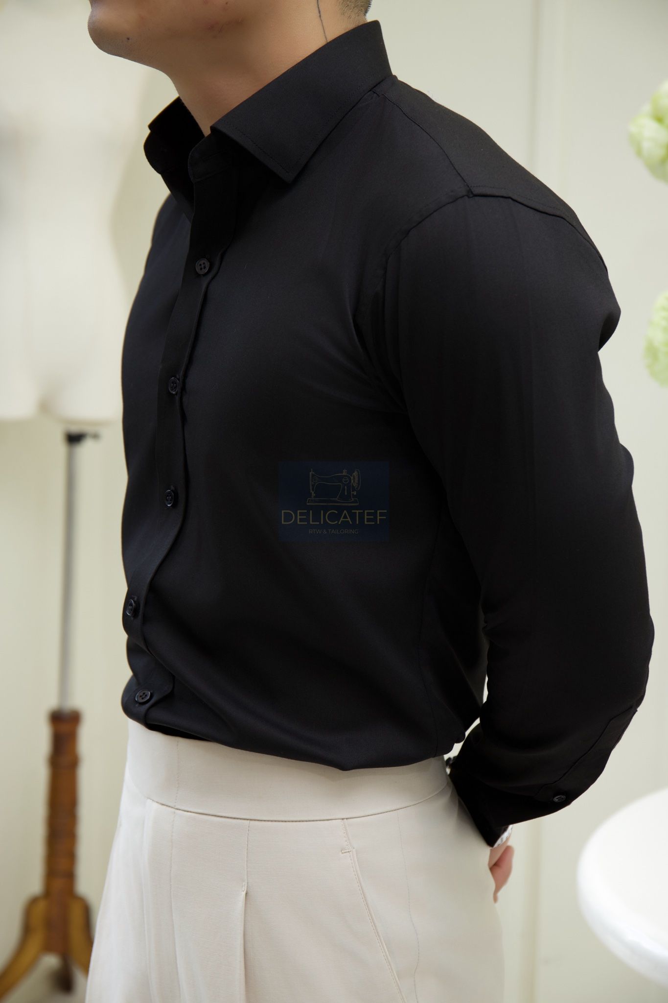 Sơ Mi Đen Cao Cấp-Spread Collar