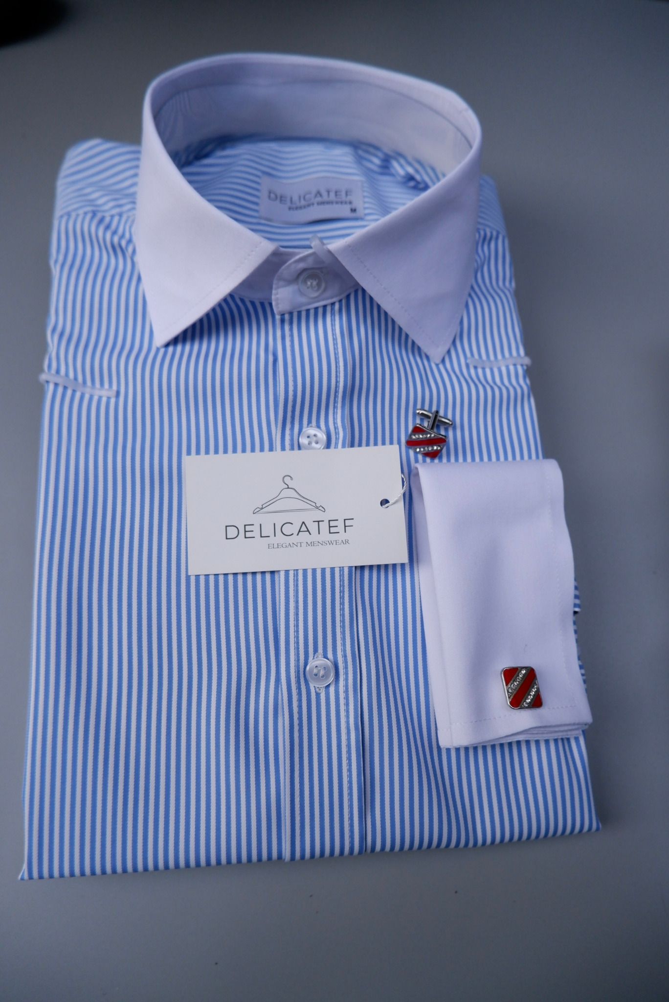 Sơ Mi Xanh Kẻ Cufflink cổ Spread